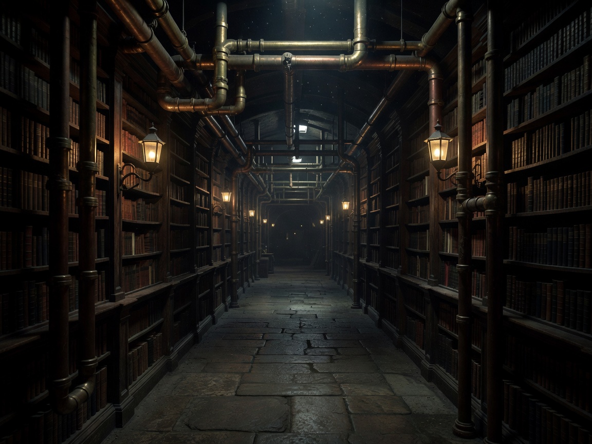 Dark, moody corridor inside subterranean library with bronze and copper structural piping along raw concrete walls