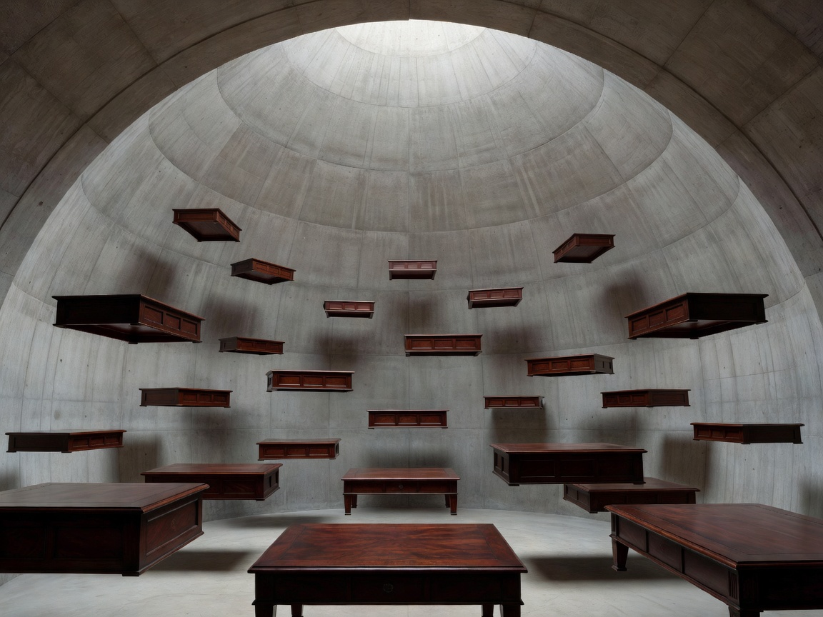 Floating dark mahogany reading tables inside an vaulted concrete dome water reservoir