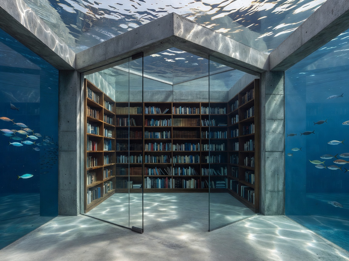 Glass-walled underwater reading room with shelves and concrete detailing looking out into the blue sea