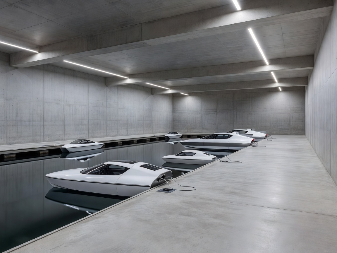 Modern clean subterranean dock with electric water vehicles resting silently on glassy water
