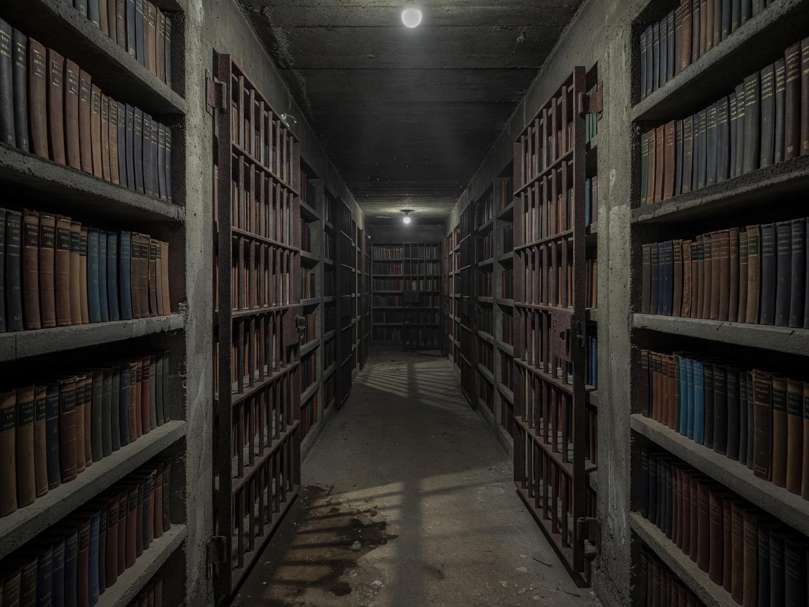 Narrow concrete library vault passage with books and iron gates lit by cold preservation light