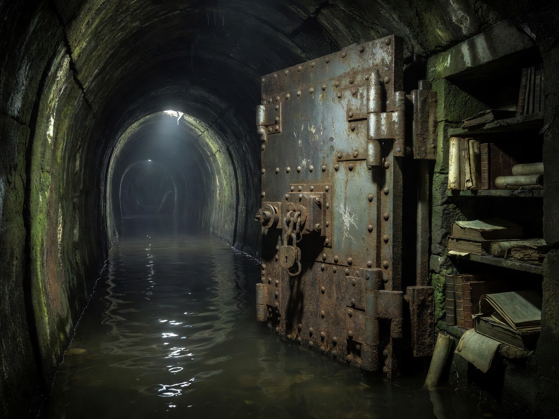 Old steel locked vault gate inside water tunnel library with warning signs