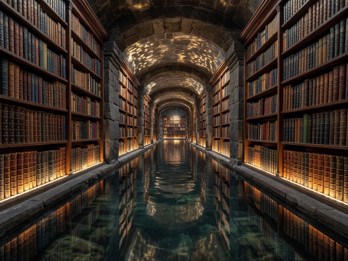 Subsurface water channel lined with warm lighting and library bookshelves under atmospheric vaulted ceilings