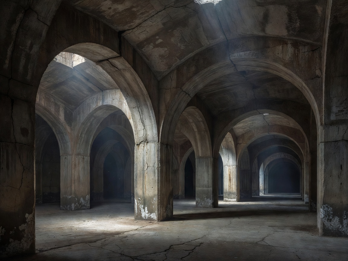 Subterranean concrete chambers showcasing structural arches and high-density library racks