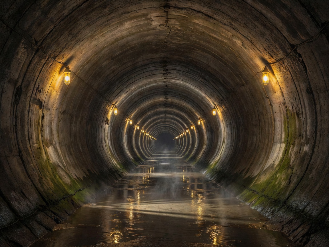 Subterranean concrete water tunnels lit with atmospheric warm lights and concrete infrastructure